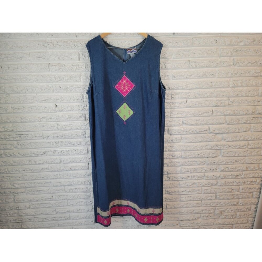 Country Wear Womens Dress 2X Plus Sleeveless Denim Blue Patchwork BLU52E
